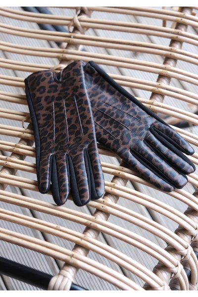 YENGEÇ Leopard Pattern Leather Gloves