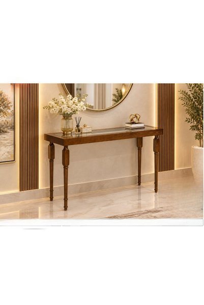 PLUS15 طاولة مدخل كونسول خشب-120سم - بتصميم تعتيق ورخام زجاجي شفاف