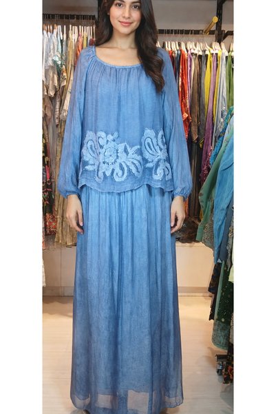 İthal Silk Dress with Ethnic Patterned Woven Fabric on the Front, Lined, Stan...