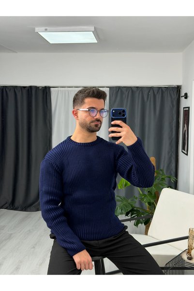 SEZBASE Pulover bărbătesc din tricot cu decolteu rotund la baza gâtului și bo...