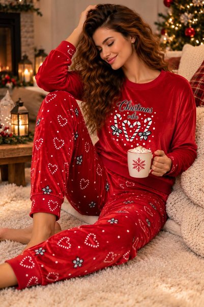 MİSS MAVERA Pijama Damă din Catifea Roșie Christmas Vibe, Bluză cu Mânecă Lun...