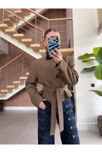 BB Bensu Buyruk CHECKED BELTED DOUBLE-BREASTED JACKET