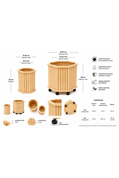 OEM Set de ghivece hexagonale din lemn masiv de pin – 2 bucăți –