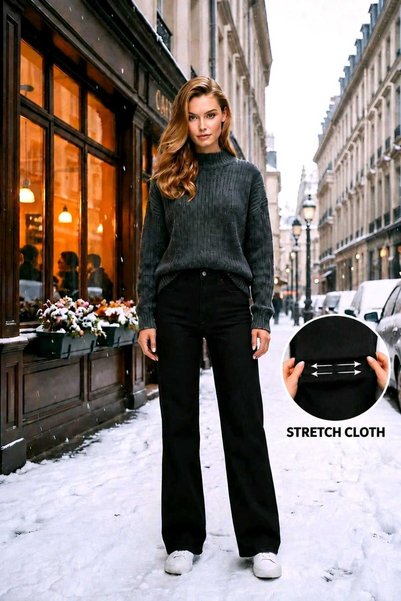 hies BLACK STRETCH CLOTH JEANS - High-Leg, Wide-Leg, SPANDEX-BLENDED WOMEN'S ...