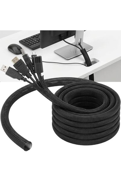 ToolHouse Braided Cable Sleeve 3m Black, Adjustable Self-Wrapping Wire Manage...
