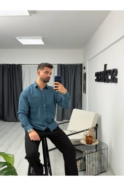 SEZBASE قميص رجالي طويل الأكمام، مصنوع من القطن، بتصميم مميز وجيب واحد.