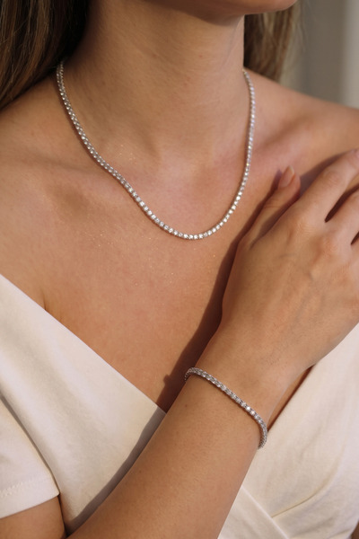Ferlin Jewelry 3 MM Su Yolu Kolye Bileklik Set Dönme Yapmayan Rhodium 42 CM Kolye 17 CM Bileklik