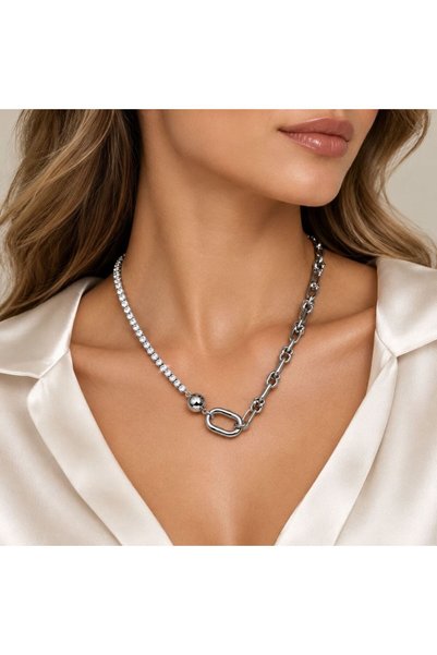 Monalisa Home Silver-Colored Half-Chain, Half-Cable Steel Necklace