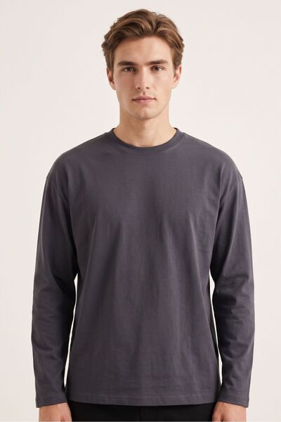 OBJE Men’s Charcoal Grey Round-Neck Long-Sleeve T-Shirt