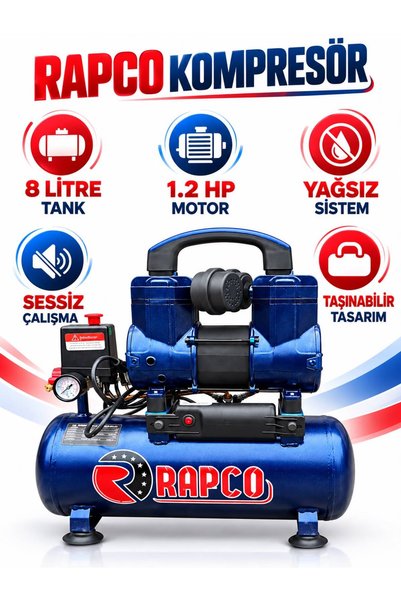 Rapco 8 Litre 1.2 HP Sessiz Yağsız Kompresör
