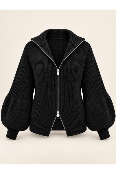 peri tower Women's Double-Zip Balloon-Sleeve Knit Cardigan 8017