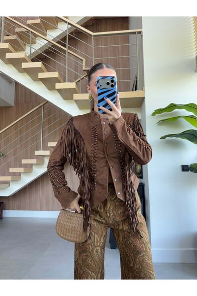 BB Bensu Buyruk Suede Tasseled Jacket with Accessory Detail