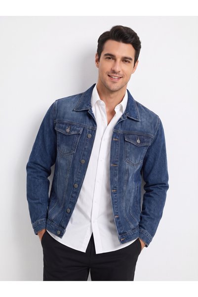 Finelook Men’s Classic Blue Denim Jacket – Vintage Washed Trucker Outerwear