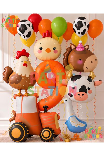 Parti Station Farm-Themed 9th Birthday Balloon Set, 17-Piece, 3D Giant Tracto...