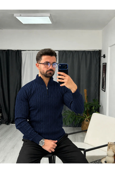 SEZBASE Pulover cu guler înalt, cu fermoar parțial și detaliu tricotat în for...