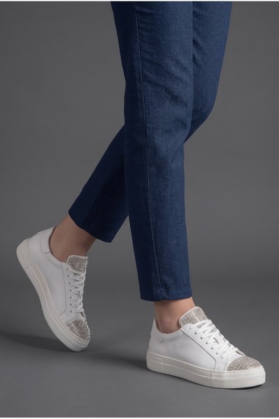 ALPLER Kadın Hakiki Deri Beyaz Taşlı Sneaker Kalın Taban Günlük Spor Ayakkabı