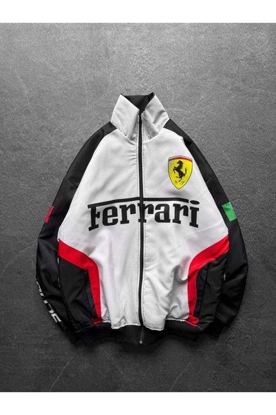 Gofeel Jachetă bomber unisex oversize în stil racing, alb-roșu