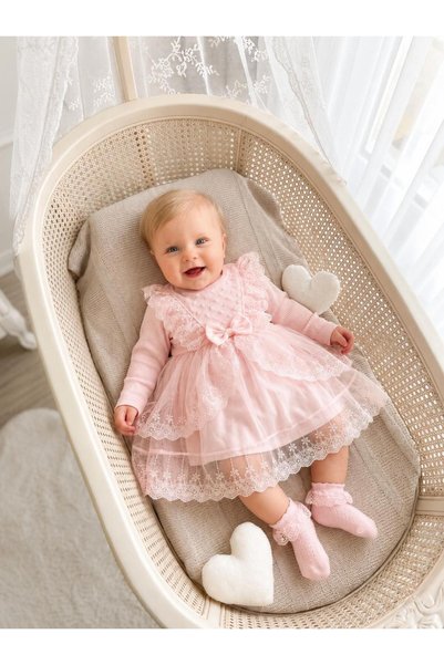 Bebila Baby فستان مولودة للبنات مع وشاح، مزين بالدانتيل، مناسب للخروج من المس...