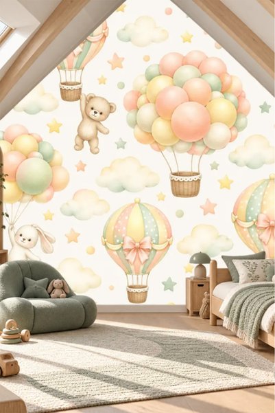 Pastel Balonlu Ayıcık ve Tavşanlar Duvar Kağıdı