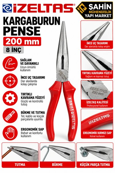 İzeltaş 200 mm Kargaburun Pense 8 İnç Kırmızı Saplı Uzun İnce Uçlu Profesyonel Pense