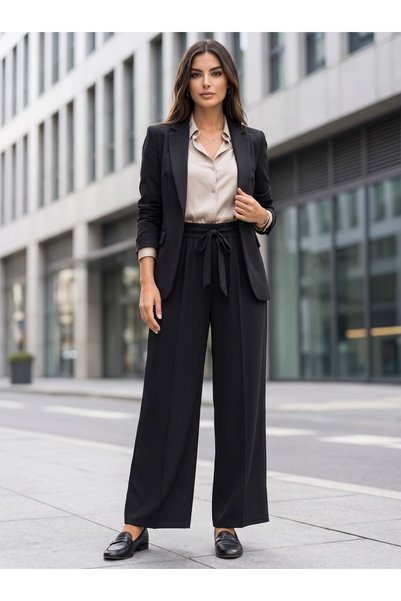 memetti m şekil Women's Plus Size Black Wide-Leg Belted Pants