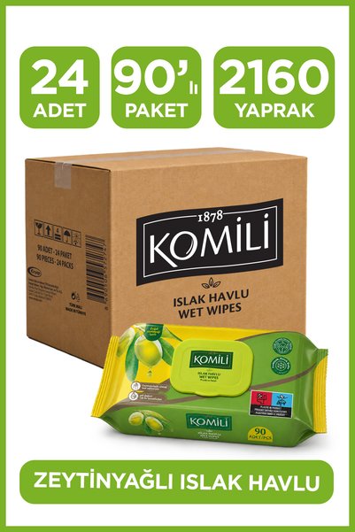 Komili Islak Havlu Mendil Zeytinyağlı - Hassas Ciltle Uyumlu Petek Doku Ferahlık 24x90 Adet 2160 Yaprak