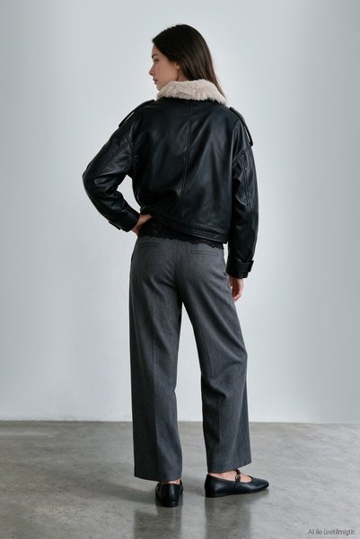 Quzu Women's Leather Jacket with Fur Collar 51329 Black