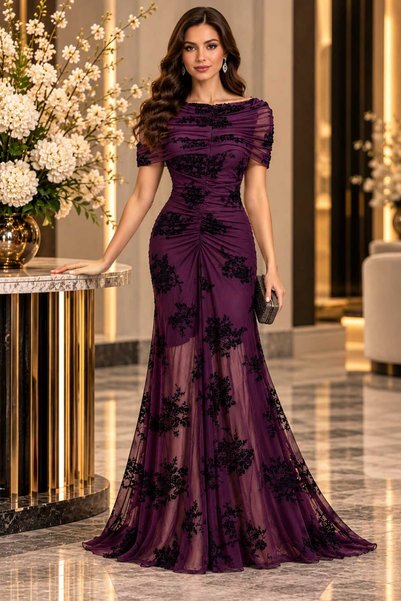 Generic Brand Luxury Purple Tulle Lace Embroidery Evening Dress
