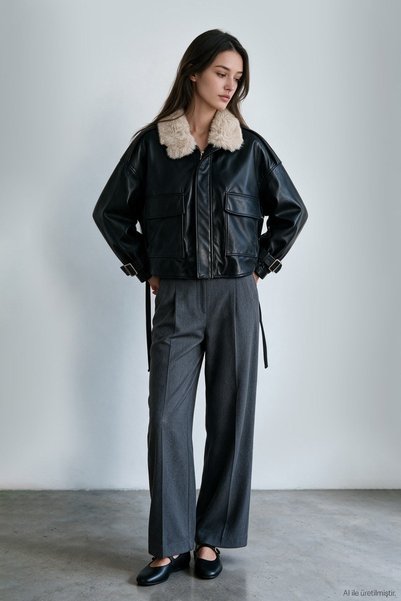 Quzu Women's Leather Jacket with Fur Collar 51329 Black