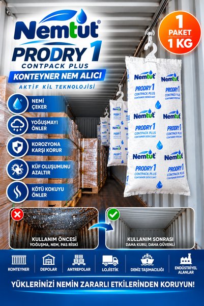nemtut PRODRY 1 Aktif Kil Nem Alıcı Konteyner, Depo ve Sevkiyat İçin Rutubet ve Korozyon Önleyici 20 KG 20 Paket