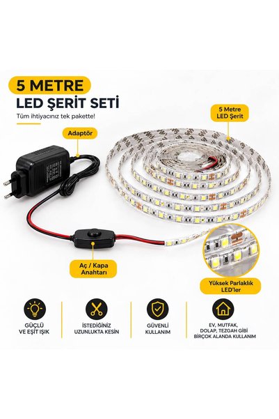 Central store 5 Metre Şerit Led Mutfak Tezgah Dolap Ayna Işığı Adaptörlü Günı...