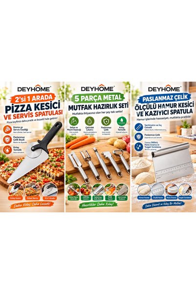 DEYHOME 3-Piece Kitchen Set: 7-in-1, Metal Peeler, Pizza Cutter, Measuring Do...