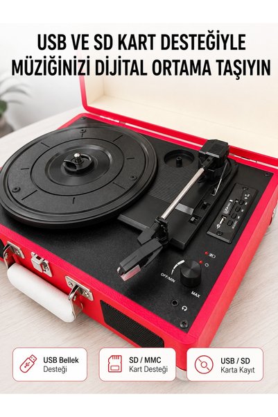 Eco Lounge Bluetooth Bağlantılı Portatif Pikap 33 45 78 Devir Dahili Hoparlör ve Şarj Edilebilir Pil