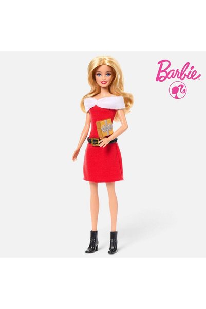 Barbie Păpușă Crăciuniță Mattel, rochie roșie cu blană albă, ținută festivă d...