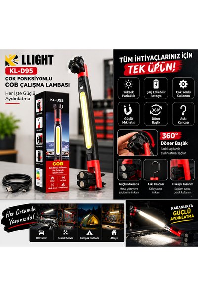 KLIGHT KL-D95 Şarj Edilebilir COB LED Çalışma Lambası-Güçlü Mıknatıslı, Askı ...
