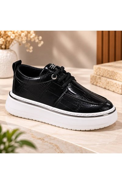 SCR Ayakkabı Women's Thick-Soled Winter Sneakers with Laces and Crocodile Print