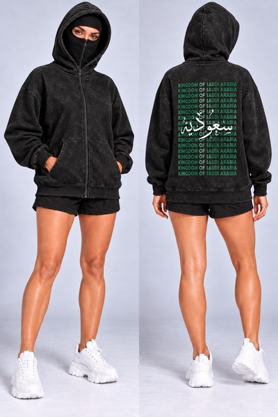 HAI COLLECTİON Black Oversized Zipper Hoodie with Back Print—Unisex Sweatshirt