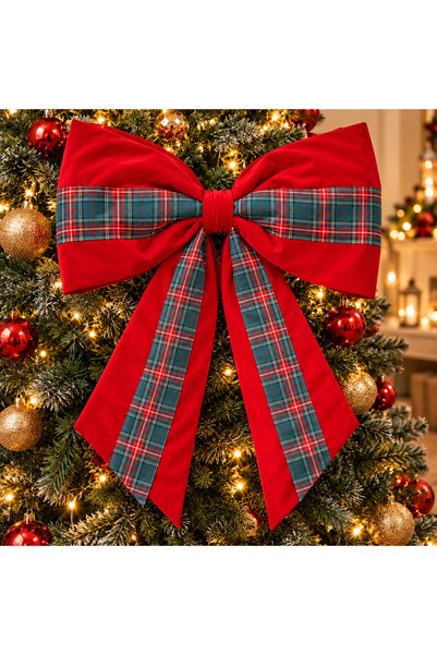 Fillikutum Large Red Plaid Burgundy New Year's Bow Ornament—Christmas Tree, D...