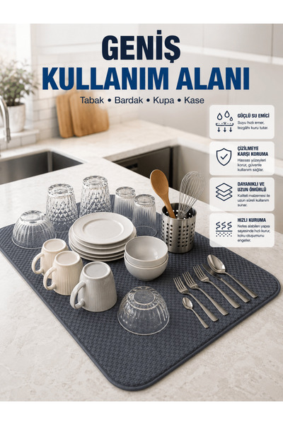 Eco Lounge Mikrofiber Bulaşık Kurutma Matı Yüksek Su Emici Mutfak Kurutma Örtüsü