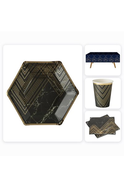 Baloane Vesele Set elegant de veselă pentru petrecere, din marmură neagră și ...