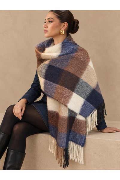 Luminos Butik Navy Blue Plaid Pattern Tasseled Winter Shawl SAL1270