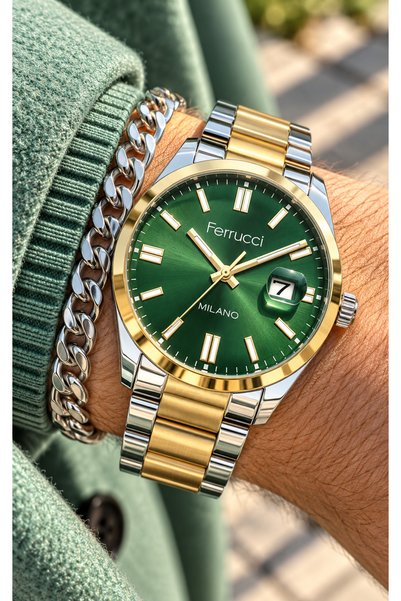 Ferrucci GREEN DIAL WITH CALENDAR—YELLOW AND SILVER-COLORED STEEL STRAP—IN A ...