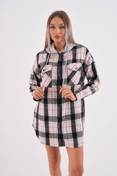 Polologin Butik Jachetă lungă cu glugă, în ecosez negru-roșu – Rochie tip căm...
