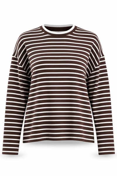 5in1Canpolat Brown Oversized Striped Long-Sleeve T-Shirt 0221