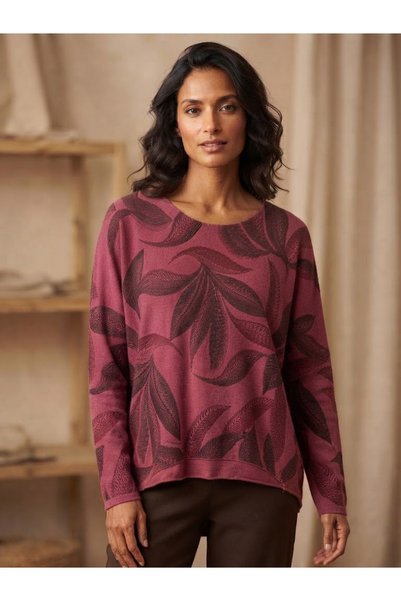 AYASOFYA OTANTIK Women's Italian Boat Neck Leaf-Patterned Long-Sleeved Knit B...