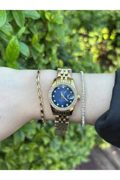 BURCU JEWELRY ساعة يد نسائية ذهبية اللون، بتصميم أنيق، وميناء باللون الأزرق ا...