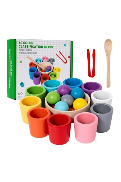 Stuniko ® Joc Montessori de Sortare a Culorilor din Lemn, 10 Recipiente cu Bi...