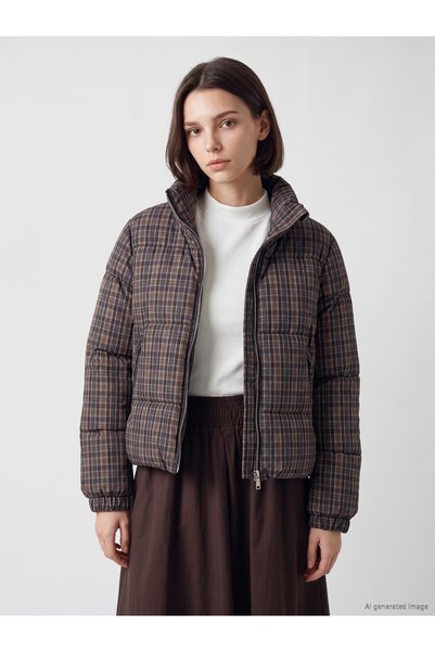 LC Waikiki Lcw Modest Brown Stand Collar Plaid Women's Puffer Coat with Nevav...