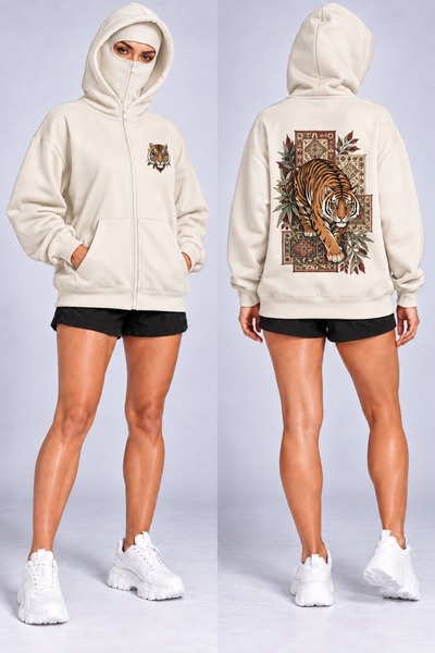 HAI COLLECTİON Black Oversized Cardigan with Leopard Print, Zipper, and Hood—...