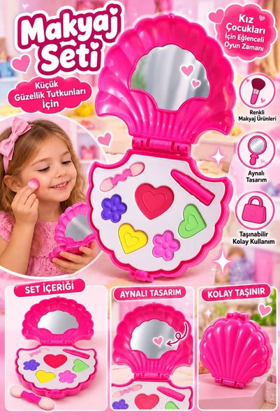 BYCEGU Deniz Kabuğu Şeklinde Aynalı Oyuncak Makyaj Seti – Pembe Çantalı, Renk...